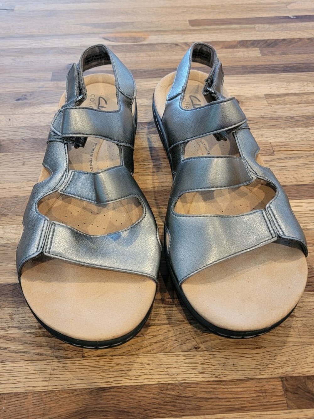 Clarks Collection Metallic Silver Comfort Wedge Strappy Sandals